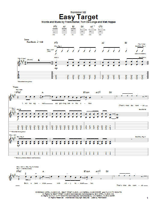 Learn to play Blink-182 Easy Target sheet music for Guitar Tab in minutes. Price: 7.8900$ Blink-182 Easy Target sheet music notes and chords arranged for Guitar Tab