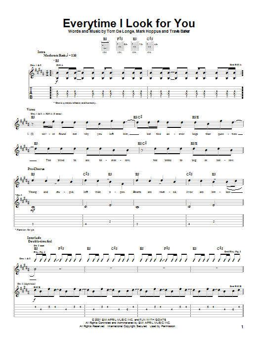 Learn to play Blink-182 Everytime I Look For You sheet music for Guitar Tab in minutes. Price: 7.8900$ Blink-182 Everytime I Look For You sheet music notes and chords arranged for Guitar Tab