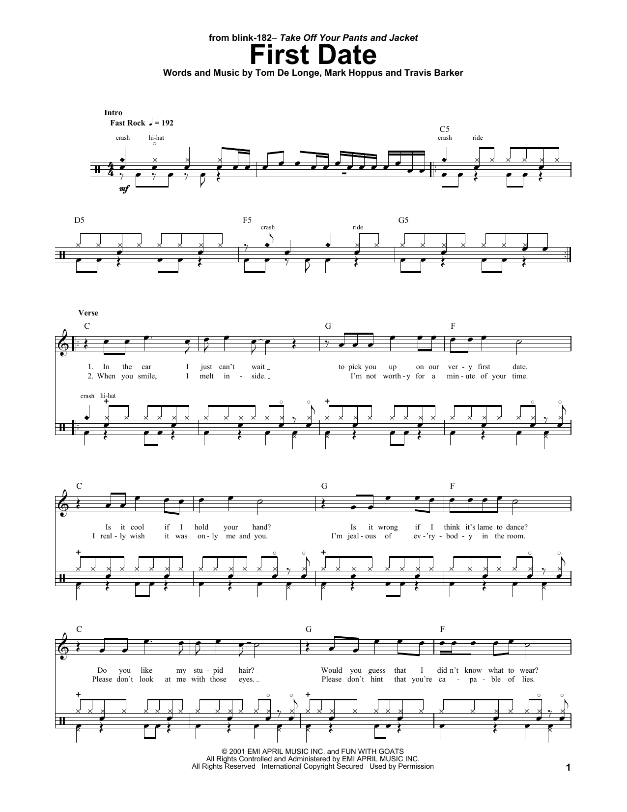 Blink 182 First Date sheet music notes and chords. Download Printable PDF.