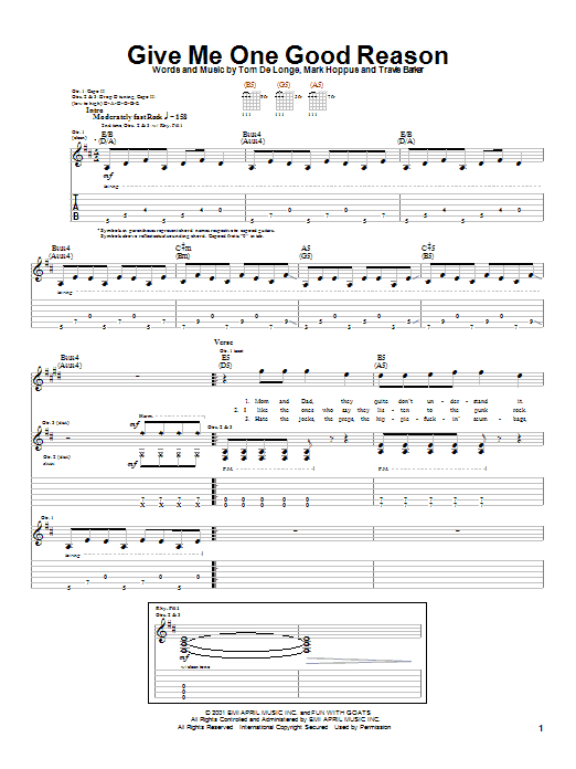 Learn to play Blink-182 Give Me One Good Reason sheet music for Guitar Tab in minutes. Price: 7.8900$ Blink-182 Give Me One Good Reason sheet music notes and chords arranged for Guitar Tab