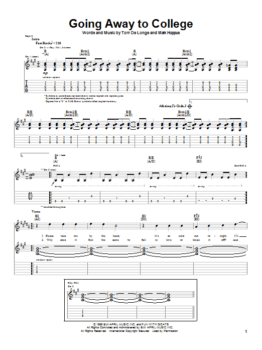 Learn to play Blink-182 Going Away To College sheet music for Guitar Tab in minutes. Price: 7.8900$ Blink-182 Going Away To College sheet music notes and chords arranged for Guitar Tab