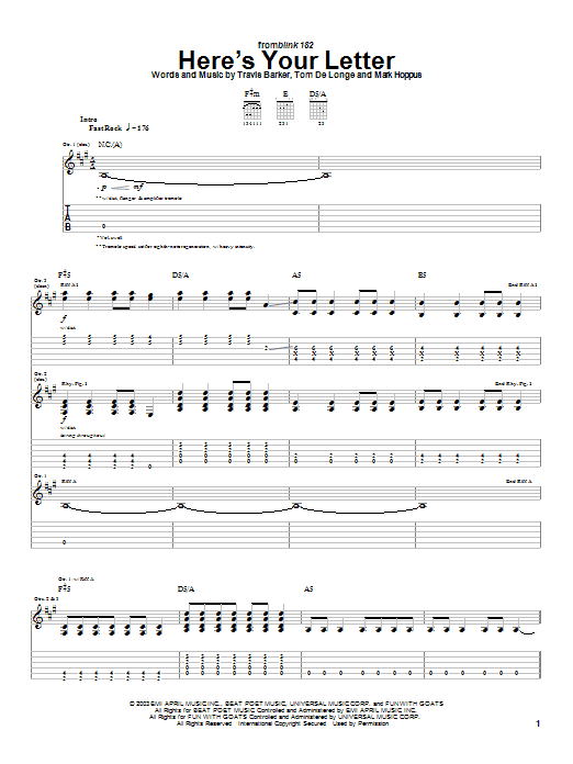Learn to play Blink-182 Here's Your Letter sheet music for Guitar Tab in minutes. Price: 7.8900$ Blink-182 Here's Your Letter sheet music notes and chords arranged for Guitar Tab