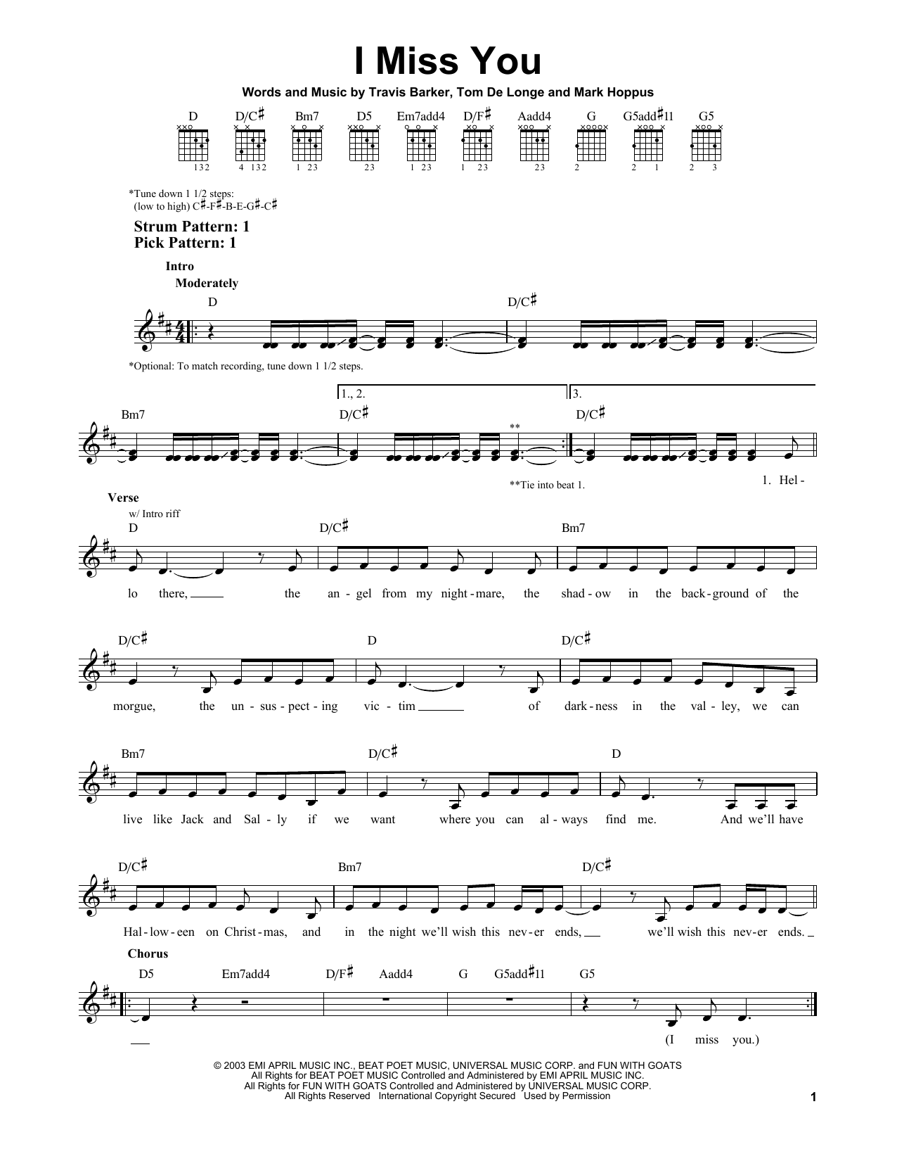 Blink-182 I Miss You sheet music notes and chords. Download Printable PDF.