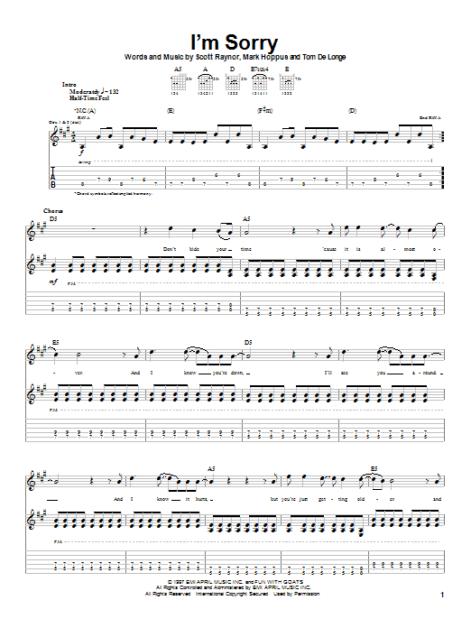 Learn to play Blink-182 I'm Sorry sheet music for Guitar Tab in minutes. Price: 7.8900$ Blink-182 I'm Sorry sheet music notes and chords arranged for Guitar Tab
