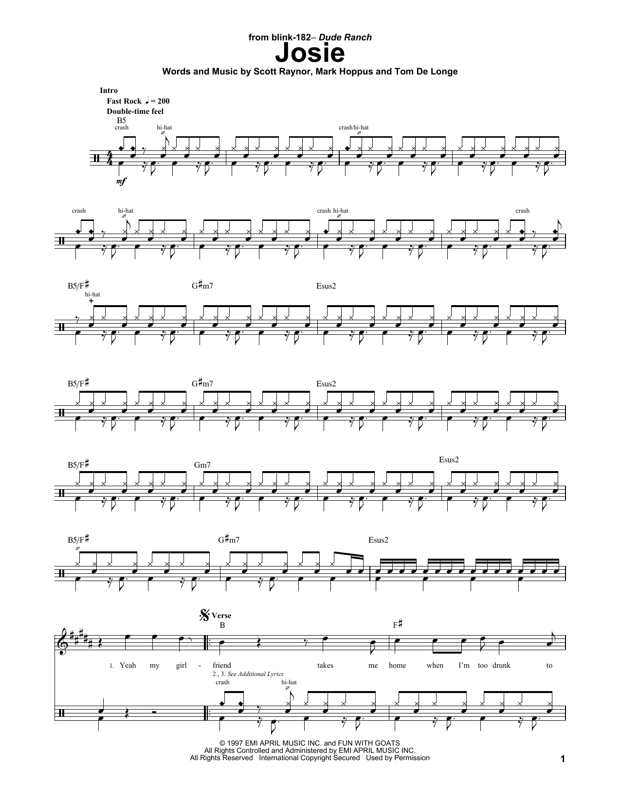 Blink 182 Josie sheet music notes and chords. Download Printable PDF.