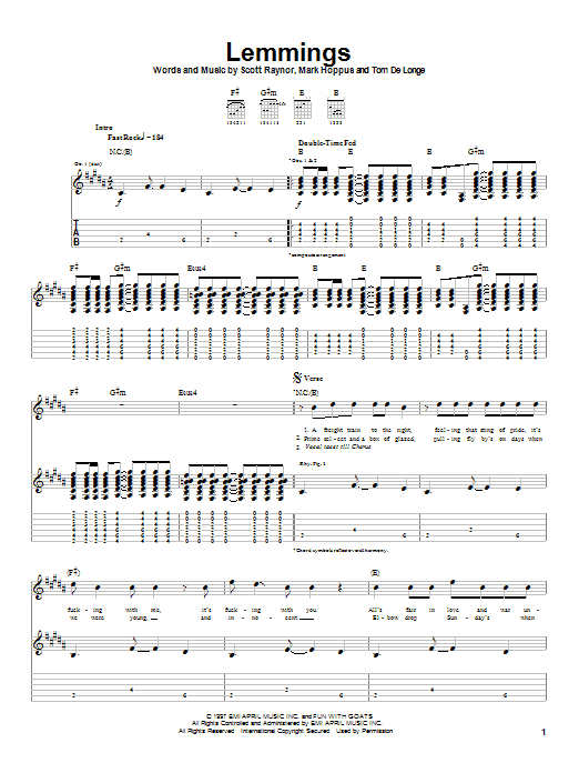 Learn to play Blink-182 Lemmings sheet music for Guitar Tab in minutes. Price: 7.8900$ Blink-182 Lemmings sheet music notes and chords arranged for Guitar Tab