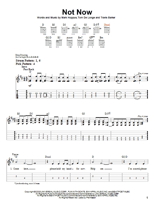 Blink-182 Not Now sheet music notes and chords arranged for Easy Guitar Tab