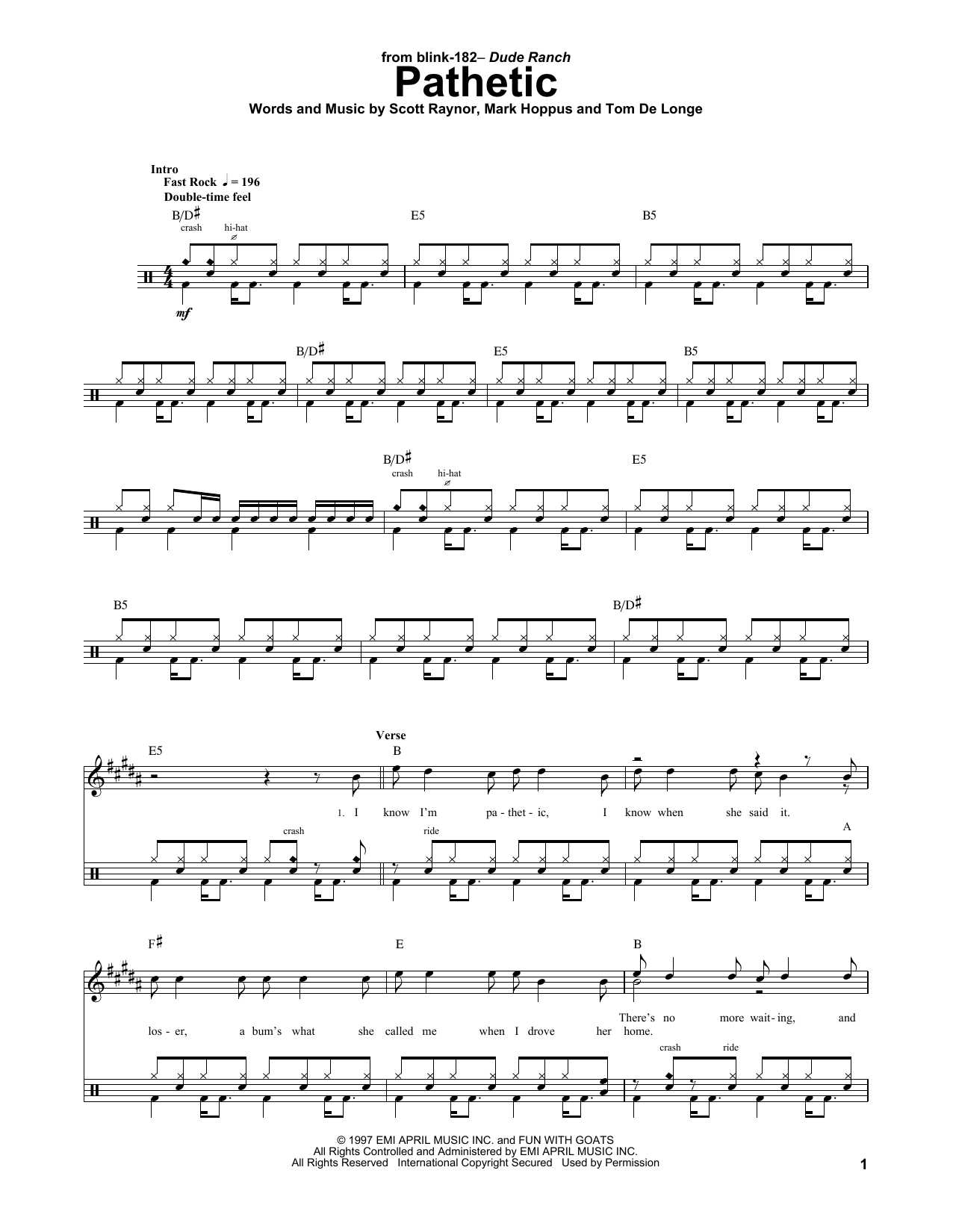 Blink 182 Pathetic sheet music notes and chords. Download Printable PDF.