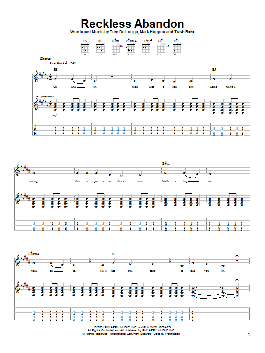 Learn to play Blink-182 Reckless Abandon sheet music for Guitar Tab in minutes. Price: 7.8900$ Blink-182 Reckless Abandon sheet music notes and chords arranged for Guitar Tab
