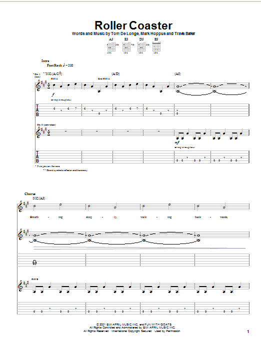 Learn to play Blink-182 Roller Coaster sheet music for Guitar Tab in minutes. Price: 7.8900$ Blink-182 Roller Coaster sheet music notes and chords arranged for Guitar Tab
