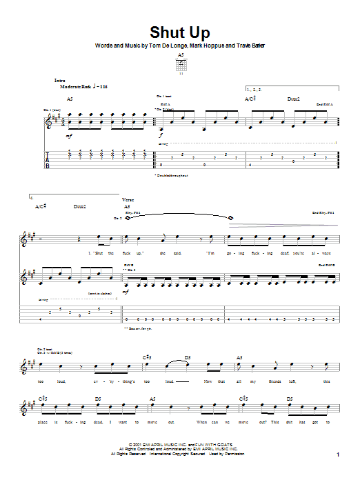 Learn to play Blink-182 Shut Up sheet music for Guitar Tab in minutes. Price: 7.8900$ Blink-182 Shut Up sheet music notes and chords arranged for Guitar Tab