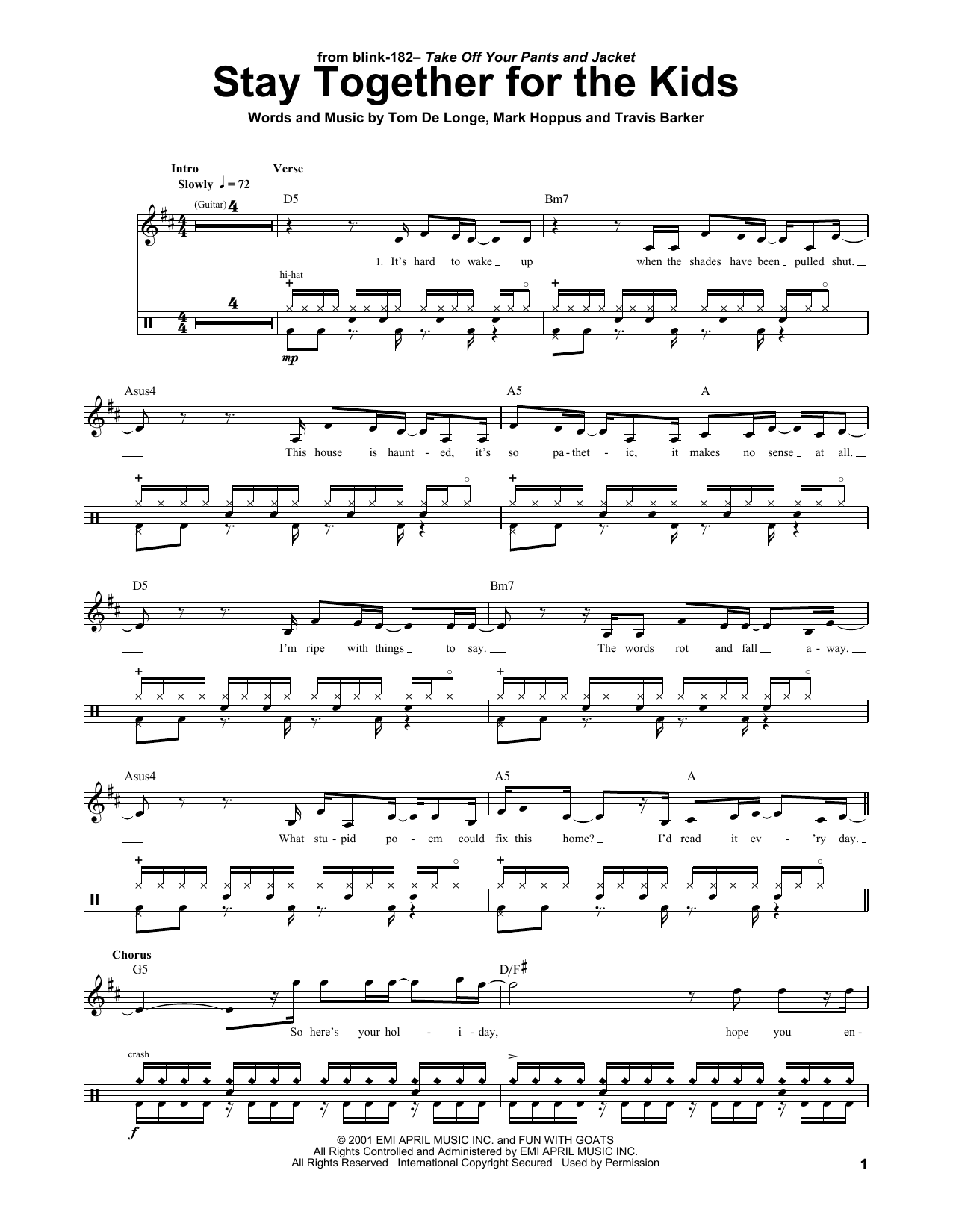 Blink 182 Stay Together For The Kids sheet music notes and chords. Download Printable PDF.