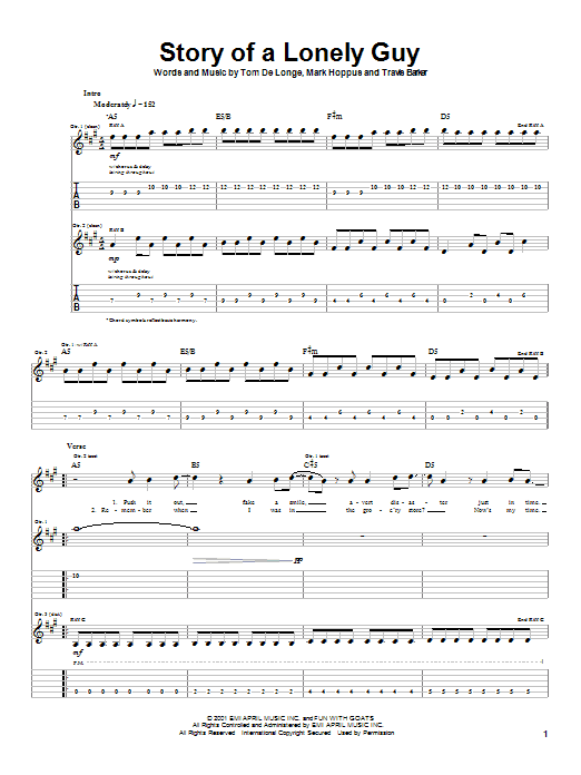 Learn to play Blink-182 Story Of A Lonely Guy sheet music for Guitar Tab in minutes. Price: 7.8900$ Blink-182 Story Of A Lonely Guy sheet music notes and chords arranged for Guitar Tab