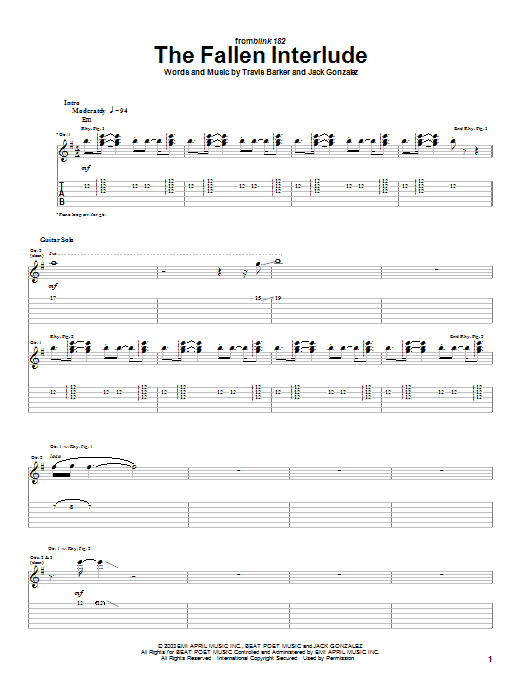 Learn to play Blink-182 The Fallen Interlude sheet music for Guitar Tab in minutes. Price: 7.8900$ Blink-182 The Fallen Interlude sheet music notes and chords arranged for Guitar Tab