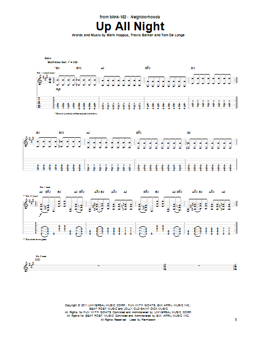 Learn to play Blink-182 Up All Night sheet music for Guitar Tab in minutes. Price: 7.8900$ Blink-182 Up All Night sheet music notes and chords arranged for Guitar Tab