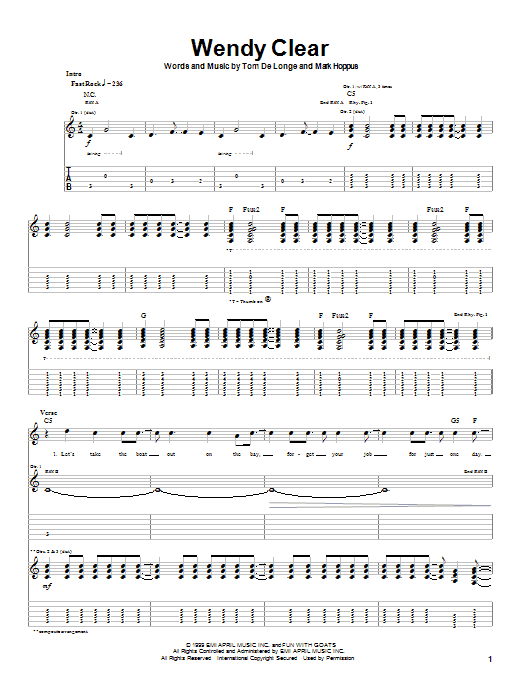 Learn to play Blink-182 Wendy Clear sheet music for Guitar Tab in minutes. Price: 7.8900$ Blink-182 Wendy Clear sheet music notes and chords arranged for Guitar Tab