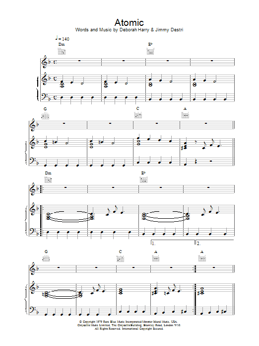 Blondie Atomic sheet music notes and chords. Download Printable PDF.