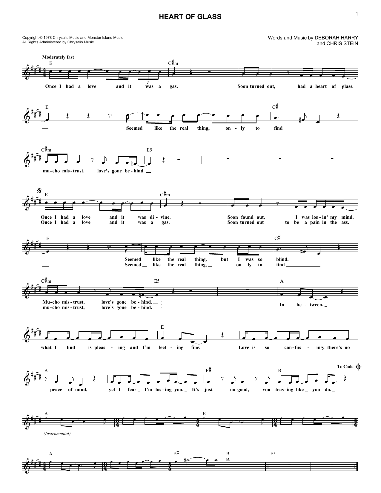 Blondie Heart Of Glass sheet music notes and chords arranged for Real Book – Melody, Lyrics & Chords