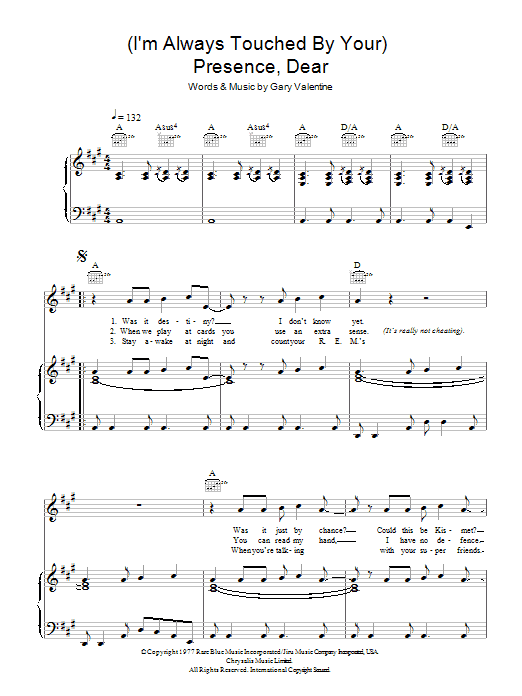 Learn to play Blondie (I'm Always Touched By Your) Presence Dear sheet music for Piano, Vocal & Guitar Chords in minutes. Price: 7.8900$ Blondie (I'm Always Touched By Your) Presence Dear sheet music notes and chords arranged for Piano, Vocal & Guitar Chords