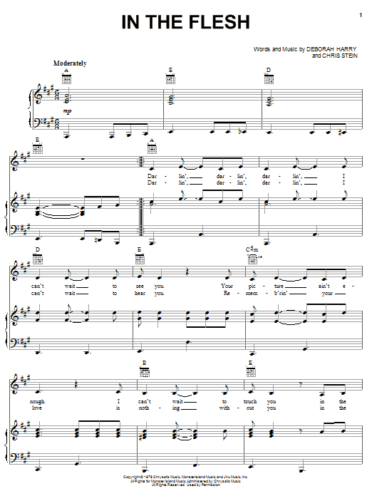 Learn to play Blondie In The Flesh sheet music for Piano, Vocal & Guitar Chords in minutes. Price: 7.8900$ Blondie In The Flesh sheet music notes and chords arranged for Piano, Vocal & Guitar Chords