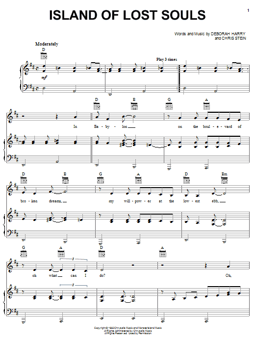 Learn to play Blondie Island Of Lost Souls sheet music for Piano, Vocal & Guitar Chords (Right-Hand Melody) in minutes. Price: 7.8900$ Blondie Island Of Lost Souls sheet music notes and chords arranged for Piano, Vocal & Guitar Chords (Right-Hand Melody)