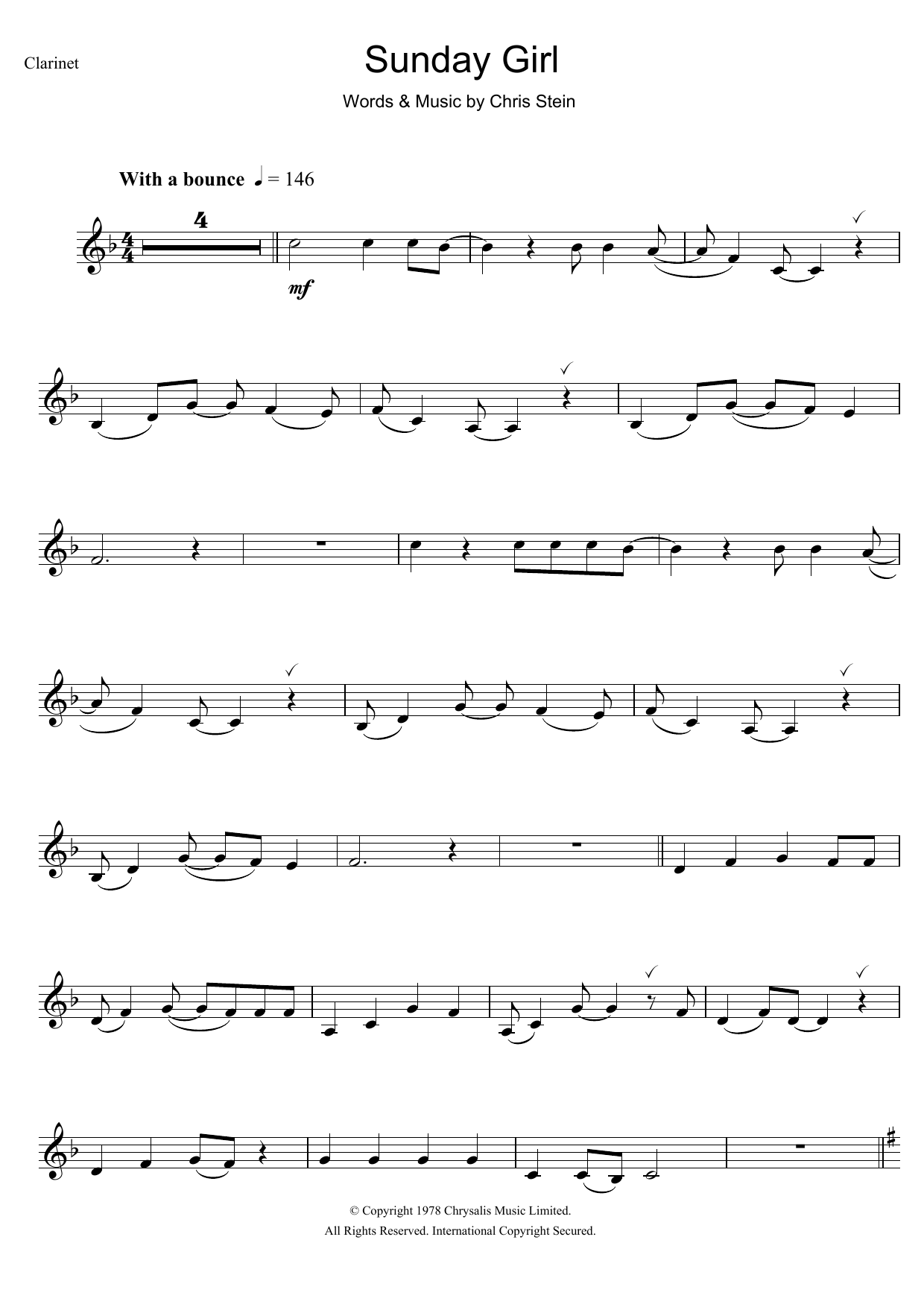 Blondie Sunday Girl sheet music notes and chords. Download Printable PDF.