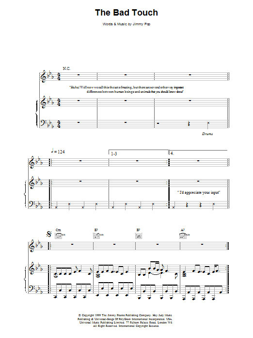 The Bloodhound Gang The Bad Touch sheet music notes and chords. Download Printable PDF.