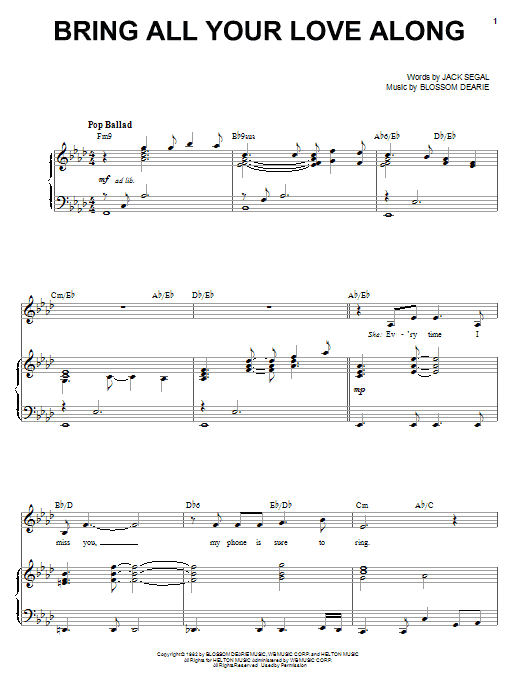 Learn to play Blossom Dearie Bring All Your Love Along sheet music for Piano, Vocal & Guitar Chords (Right-Hand Melody) in minutes. Price: 7.8900$ Blossom Dearie Bring All Your Love Along sheet music notes and chords arranged for Piano, Vocal & Guitar Chords (Right-Hand Melody)