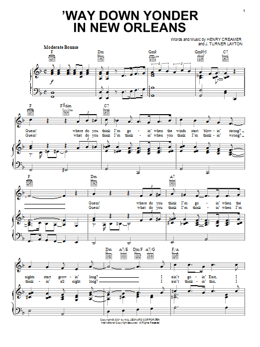 Learn to play Blossom Seely 'Way Down Yonder In New Orleans sheet music for Piano, Vocal & Guitar Chords (Right-Hand Melody) in minutes. Price: 7.8900$ Blossom Seely 'Way Down Yonder In New Orleans sheet music notes and chords arranged for Piano, Vocal & Guitar Chords (Right-Hand Melody)