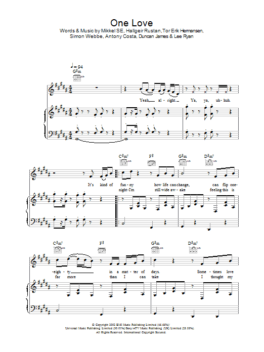 Blue One Love sheet music notes and chords arranged for Piano, Vocal & Guitar Chords