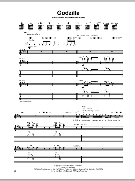 Blue Oyster Cult Godzilla sheet music notes and chords. Download Printable PDF.