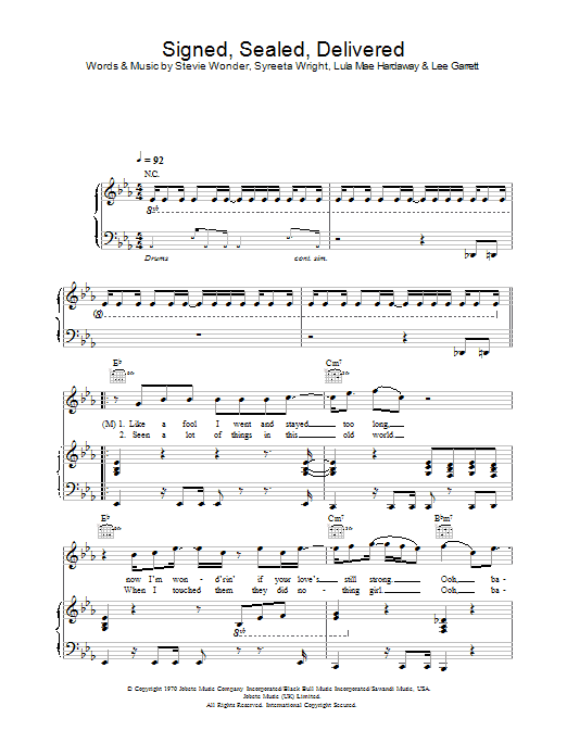 Learn to play Blue Signed, Sealed, Delivered (feat. Stevie Wonder) sheet music for Piano, Vocal & Guitar Chords in minutes. Price: 7.8900$ Blue Signed, Sealed, Delivered (feat. Stevie Wonder) sheet music notes and chords arranged for Piano, Vocal & Guitar Chords