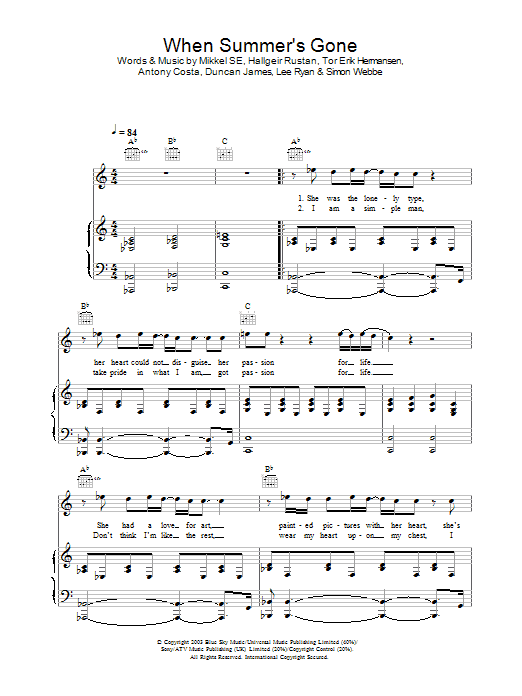 Learn to play Blue When Summer's Gone sheet music for Piano, Vocal & Guitar Chords in minutes. Price: 7.8900$ Blue When Summer's Gone sheet music notes and chords arranged for Piano, Vocal & Guitar Chords