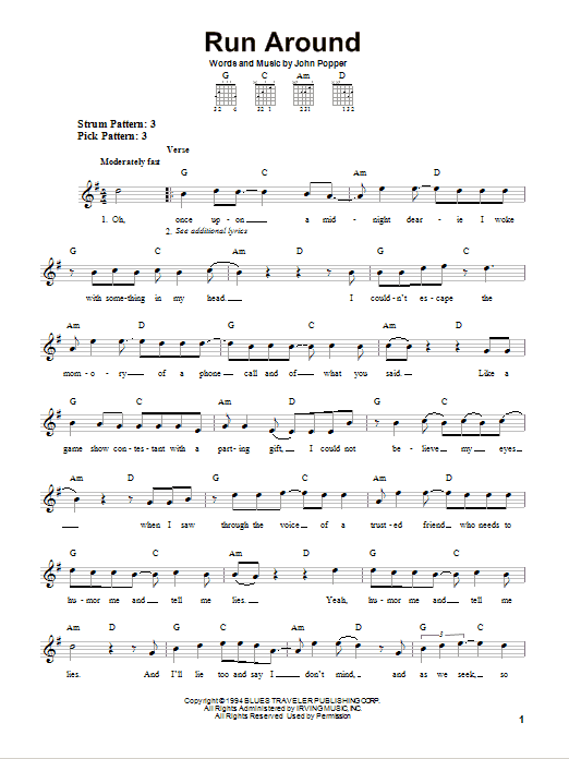 Blues Traveler Run-Around sheet music notes and chords. Download Printable PDF.