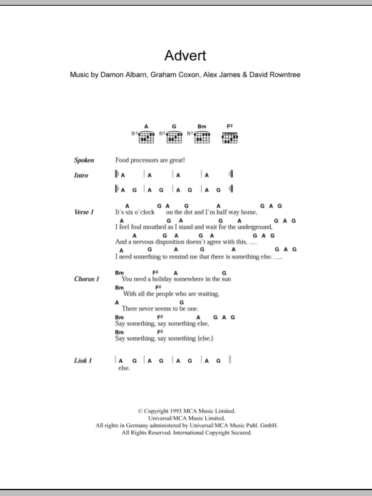 Blur Advert sheet music notes and chords. Download Printable PDF.