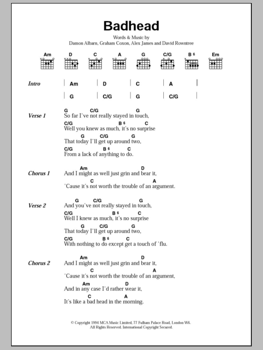 Blur Badhead sheet music notes and chords. Download Printable PDF.