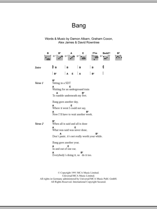 Blur Bang sheet music notes and chords. Download Printable PDF.