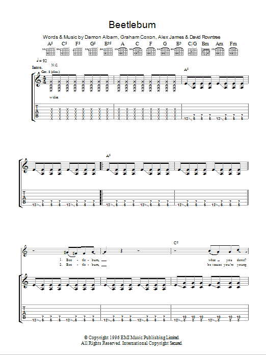 Blur Beetlebum sheet music notes and chords. Download Printable PDF.