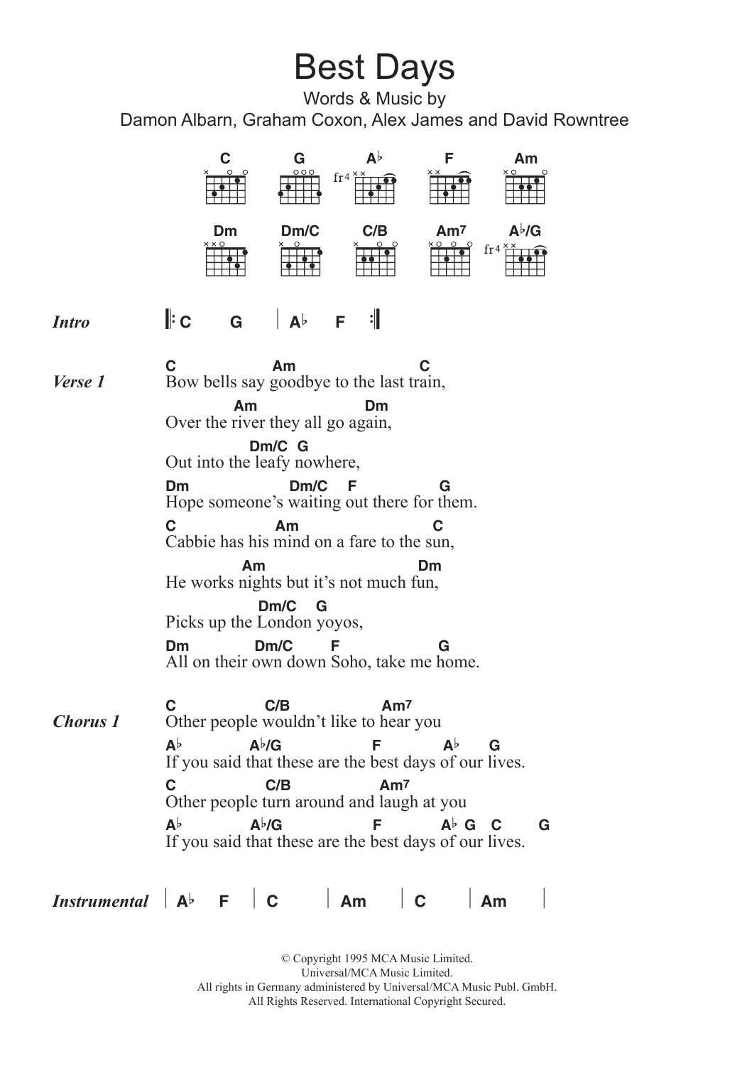 Blur Best Days sheet music notes and chords. Download Printable PDF.