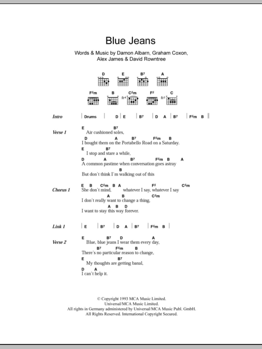 Blur Blue Jeans sheet music notes and chords. Download Printable PDF.