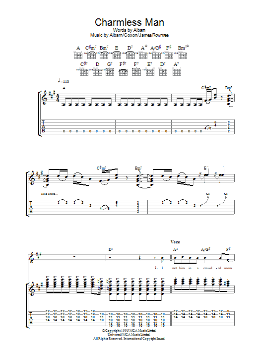 Blur Charmless Man sheet music notes and chords. Download Printable PDF.