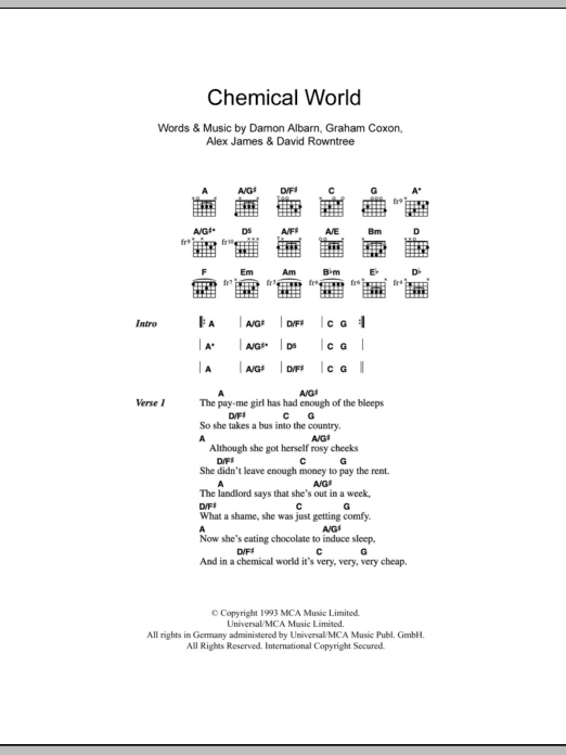 Blur Chemical World sheet music notes and chords. Download Printable PDF.