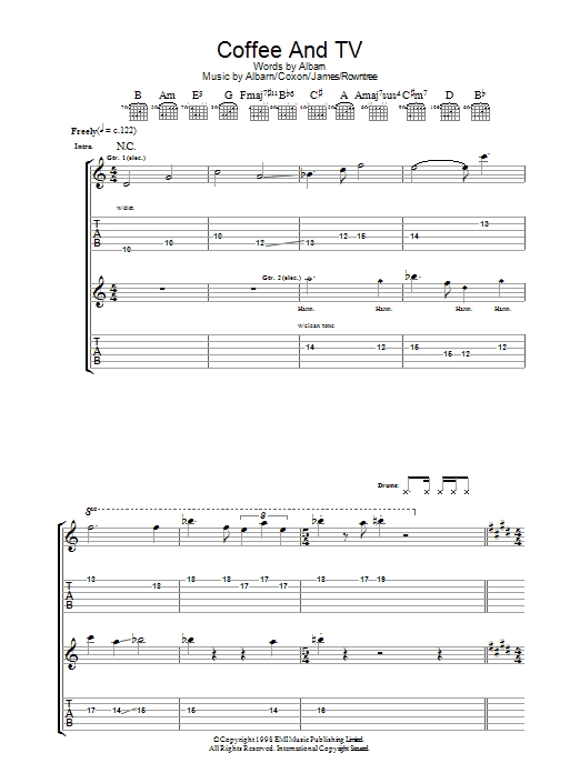 Blur Coffee & TV sheet music notes and chords. Download Printable PDF.