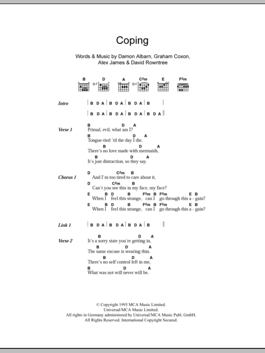 Blur Coping sheet music notes and chords. Download Printable PDF.