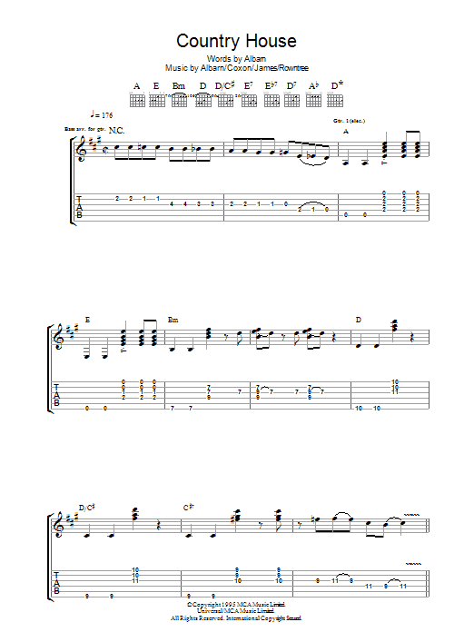 Blur Country House sheet music notes and chords. Download Printable PDF.