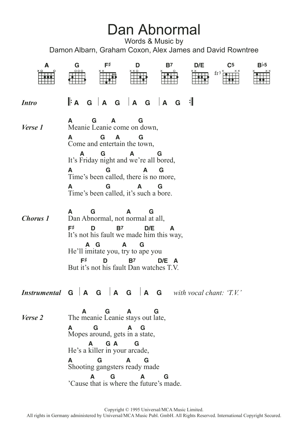 Blur Dan Abnormal sheet music notes and chords. Download Printable PDF.