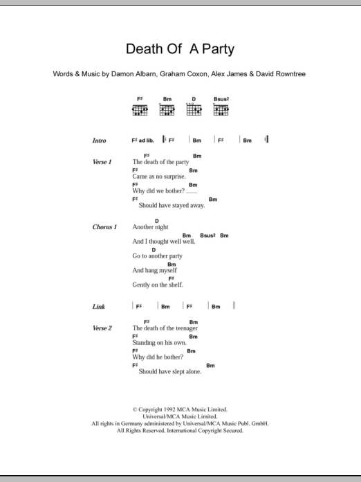 Blur Death Of A Party sheet music notes and chords. Download Printable PDF.