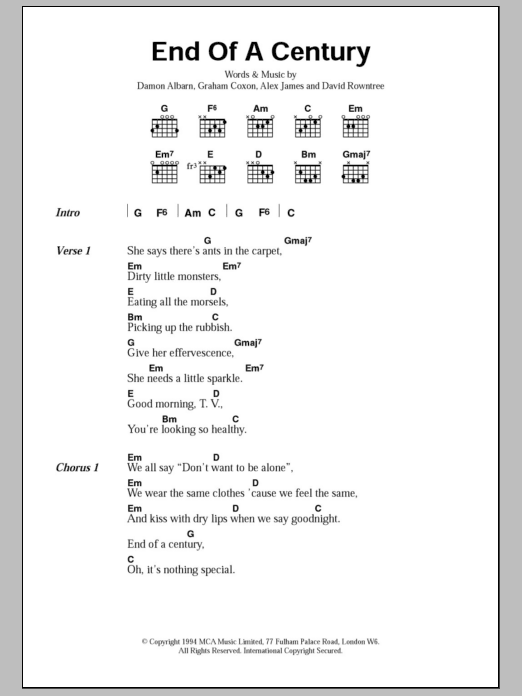 Blur End Of A Century sheet music notes and chords. Download Printable PDF.