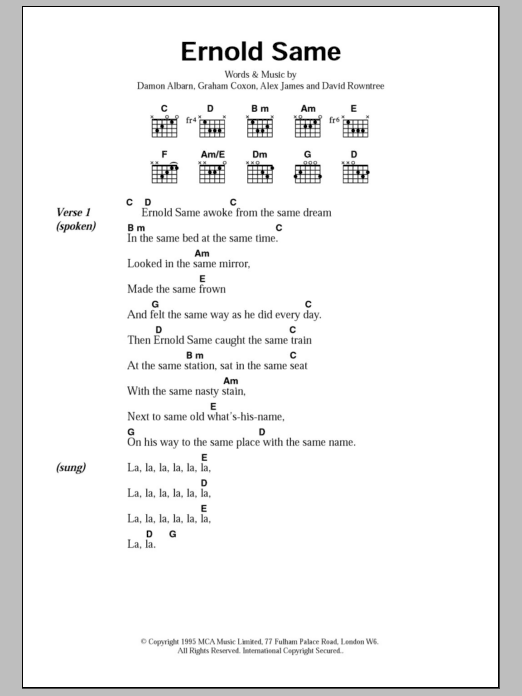 Blur Ernold Same sheet music notes and chords. Download Printable PDF.