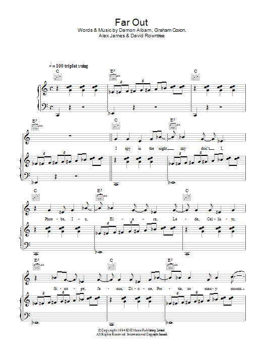 Learn to play Blur Far Out sheet music for Piano, Vocal & Guitar Chords in minutes. Price: 7.8900$ Blur Far Out sheet music notes and chords arranged for Piano, Vocal & Guitar Chords